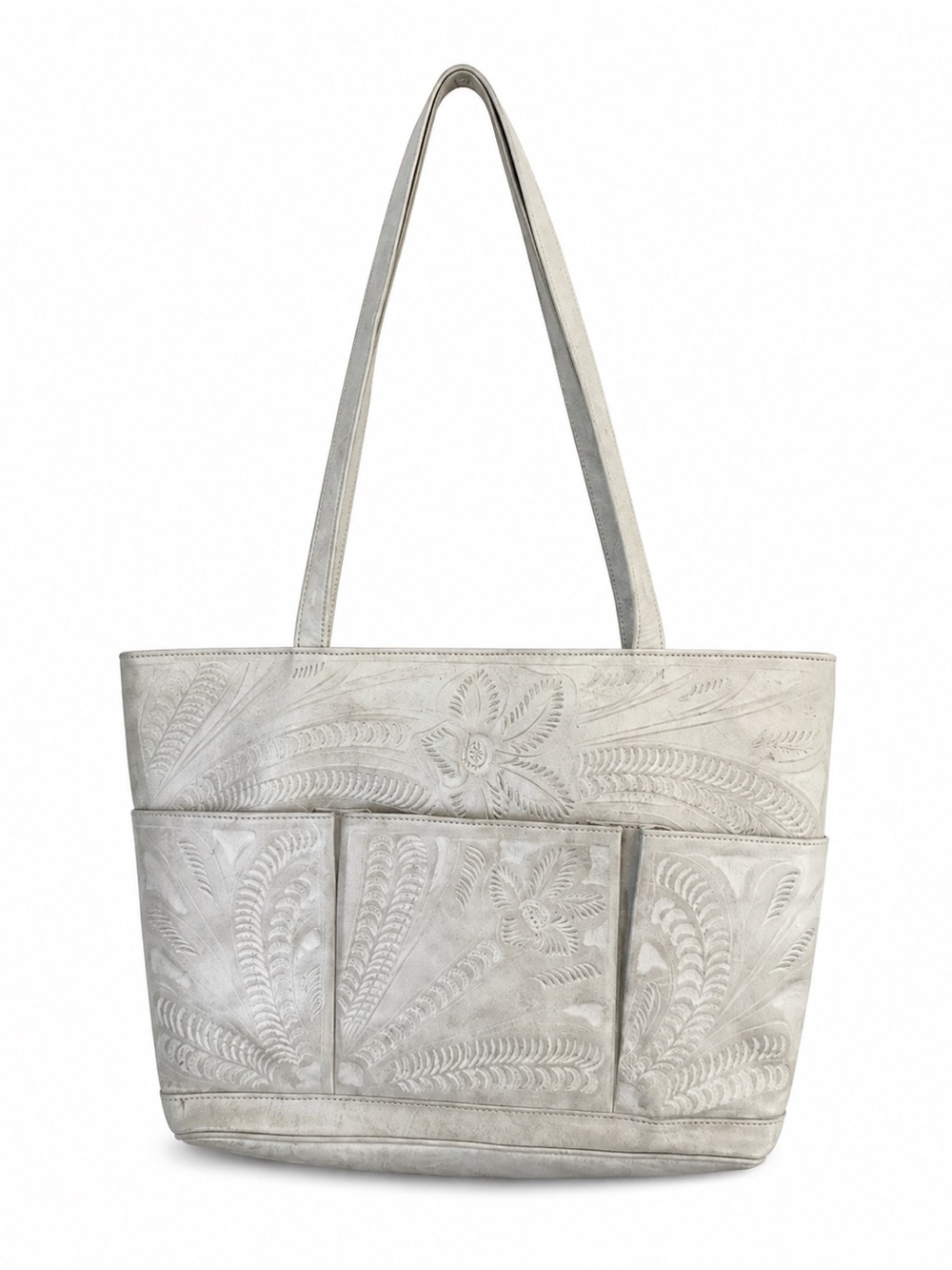 LEADERS IN LEATHER Women's Tooled  Leather Embossed Floral Light Gray Tote Bag